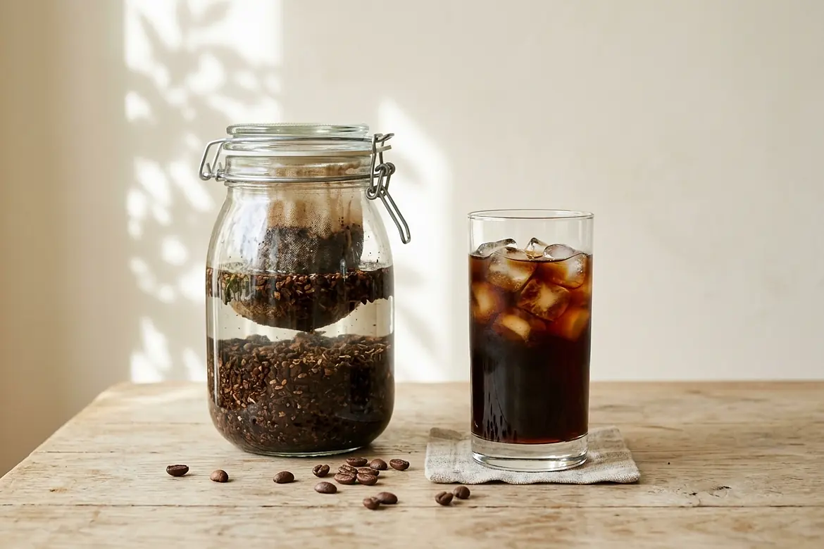 Słoik z kawą cold brew podczas parzenia i szklanka cold brew z lodem