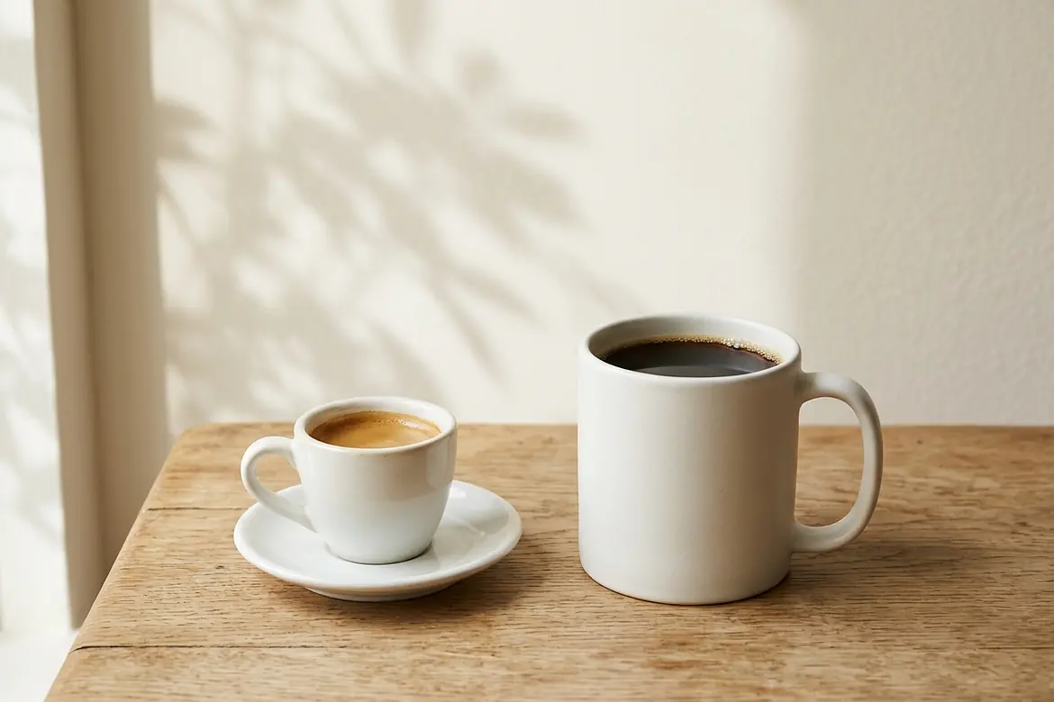 Mała filiżanka espresso obok dużego kubka kawy przelewowej