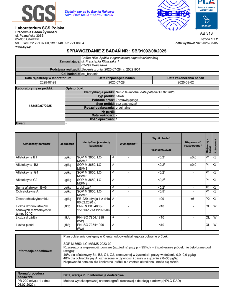 Sprawozdanie z badań SGS nr SB/91092/08/2025 – kawa organiczna Kolumbia Sen o La Jacoba