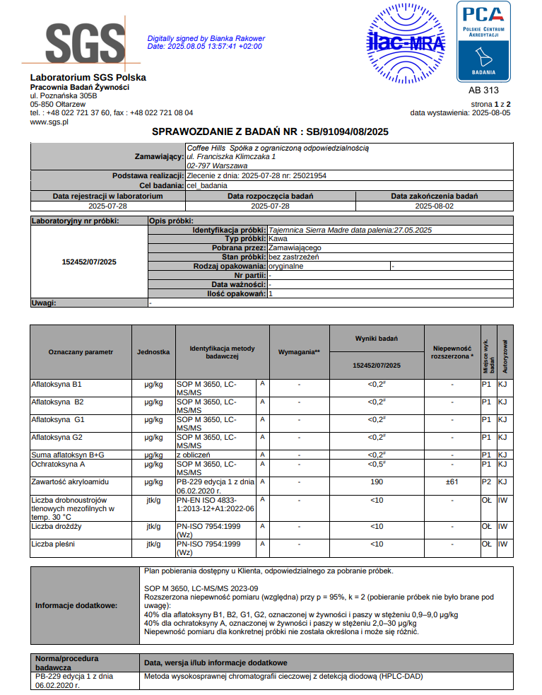 Sprawozdanie z badań SGS nr SB/91094/08/2025 – kawa organiczna Meksyk Tajemnica Sierra Madre