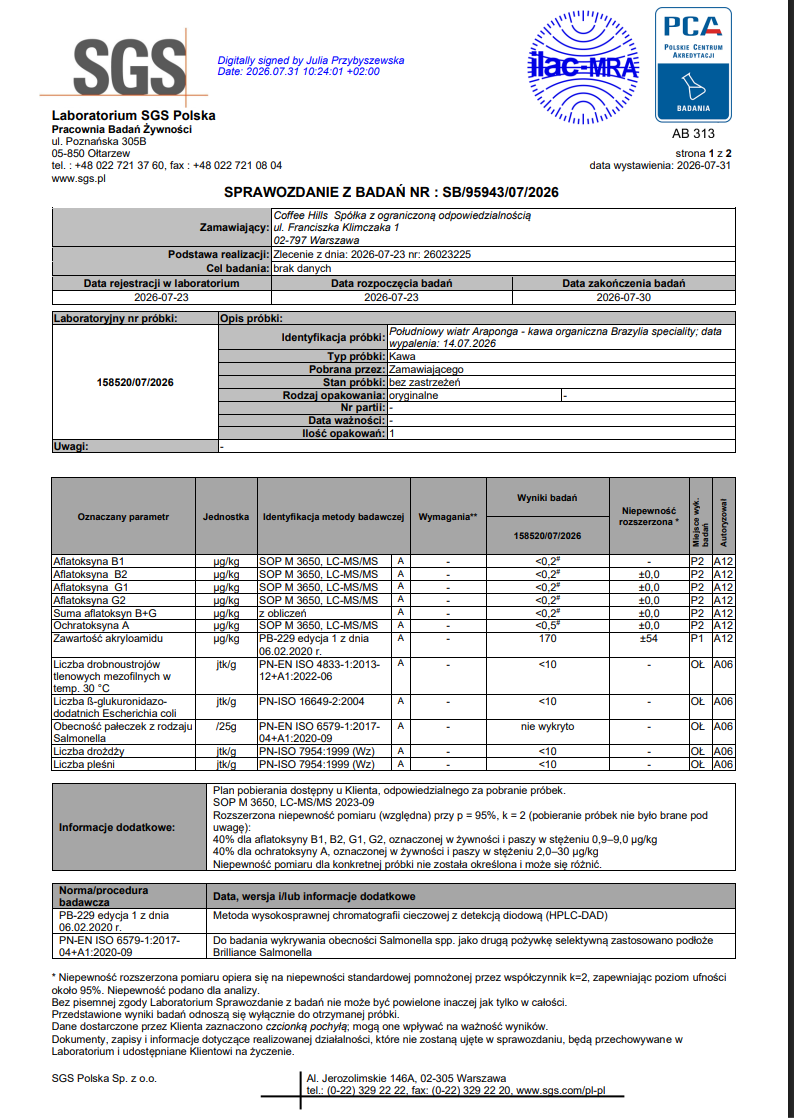 Sprawozdanie z badań SGS nr SB/95943/07/2026 – kawa organiczna Brazylia Południowy wiatr Araponga