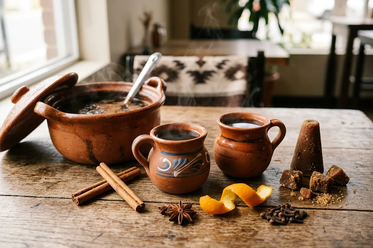 Café de olla w glinianych kubkach obok glinianego garnka, z laskami cynamonu, stożkiem piloncillo, skórką pomarańczy, goździkami i anyżem
