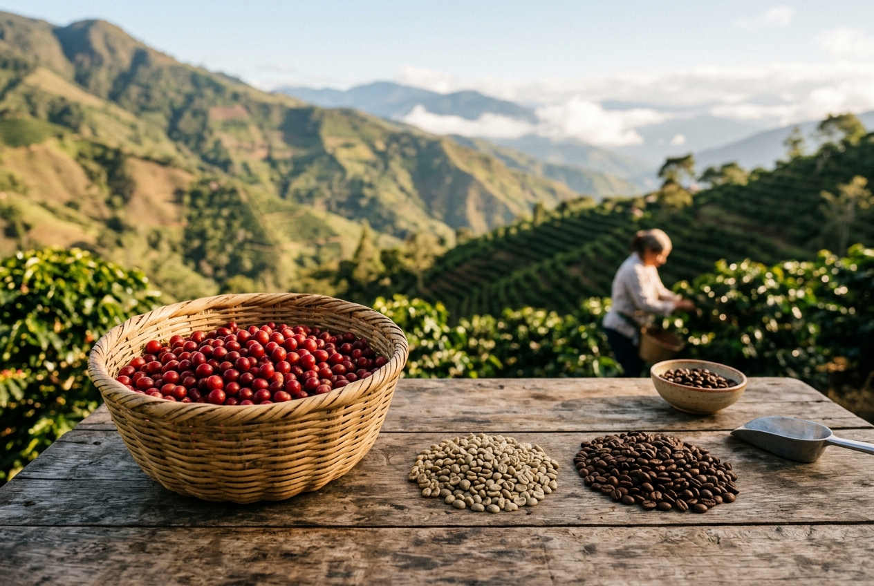 Kosz świeżo zebranych czerwonych wiśni kawowca Arabica obok zielonych i wypalonych ziaren kawy na tle górskiej plantacji