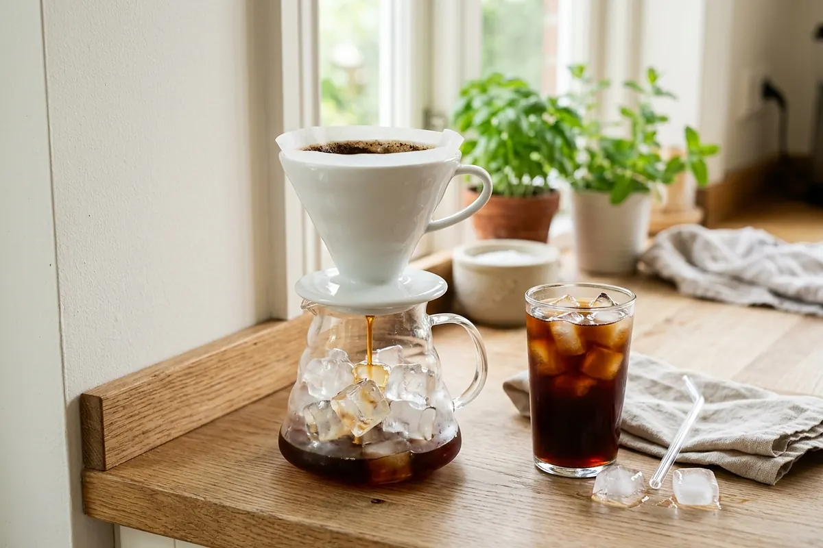 Drip na lodzie: dripper na szklanym dzbanku z kostkami lodu, obok wysoka szklanka kawy mrożonej