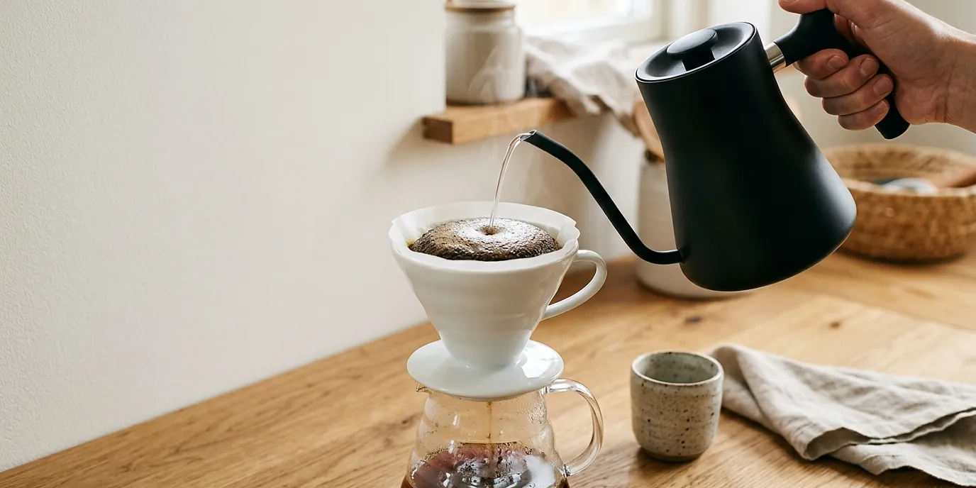 Zalewanie kawy w białym dripperze V60 wodą z czajnika z wąską wylewką, pod spodem szklany dzbanek