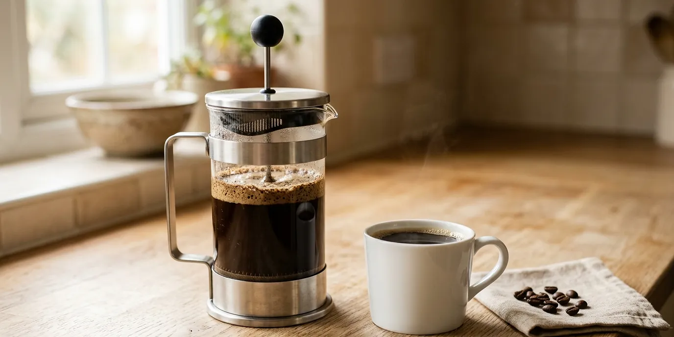Szklany french press z parzącą się kawą i biały kubek czarnej kawy na drewnianym blacie